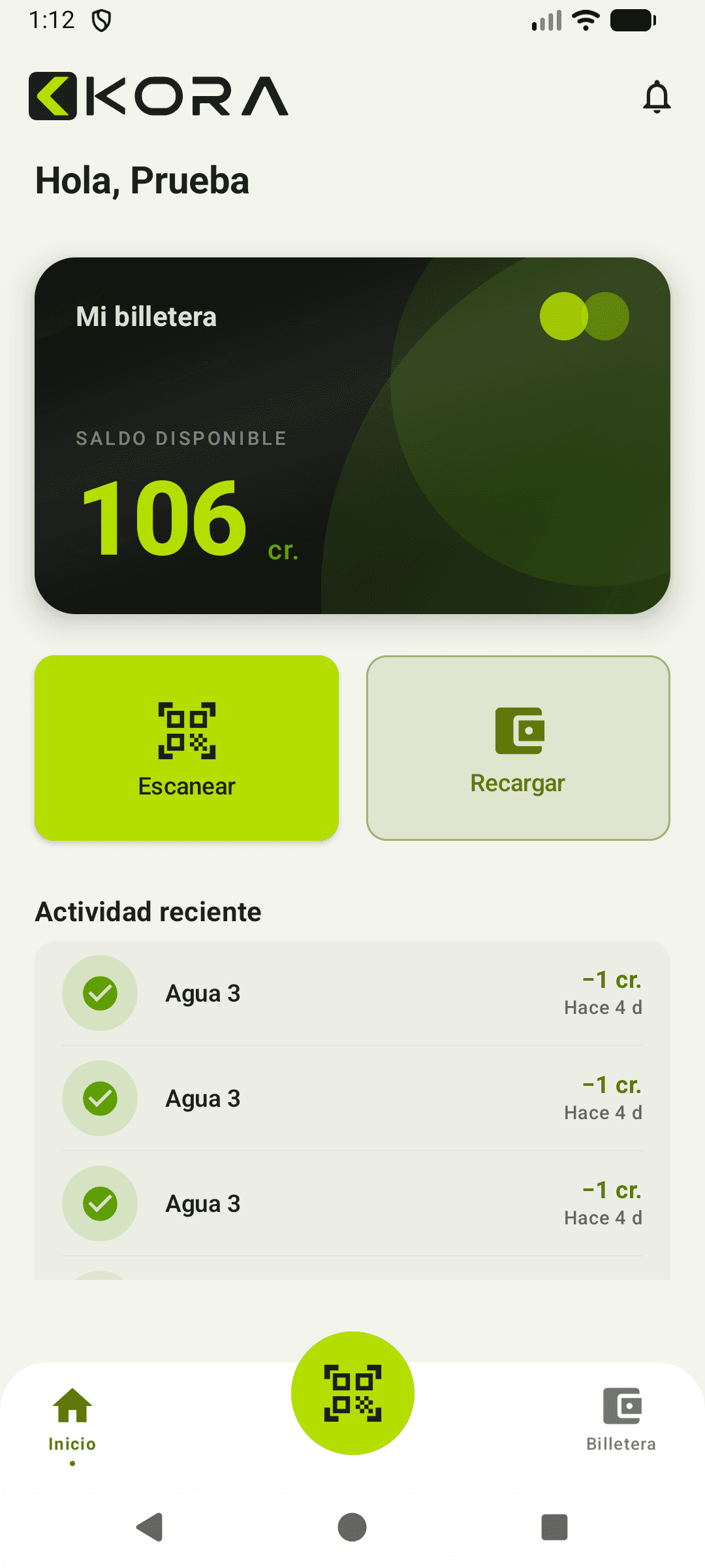 Pantalla real de inicio de KORA App con saldo, escaneo y actividad