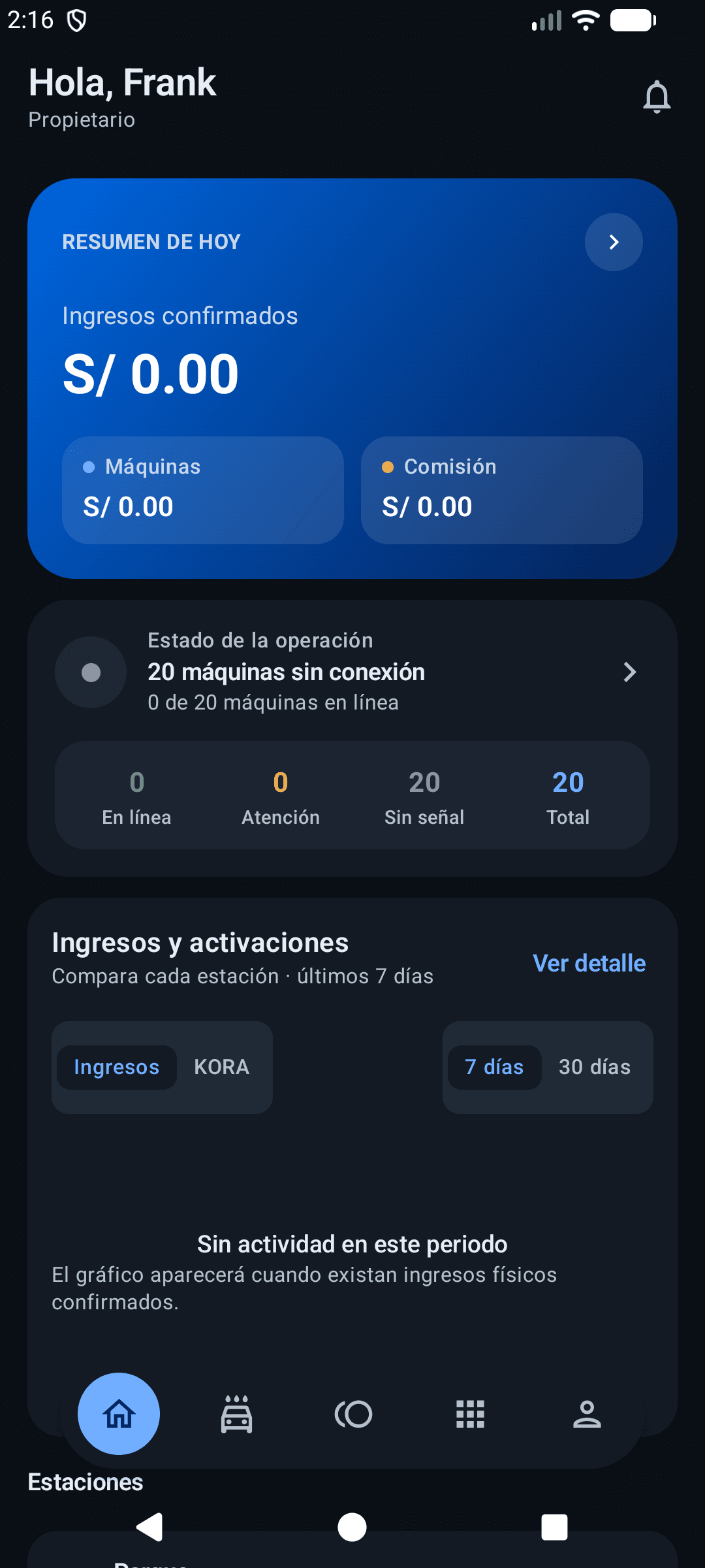 Inicio real de Owner en la aplicación móvil SolWash Ops