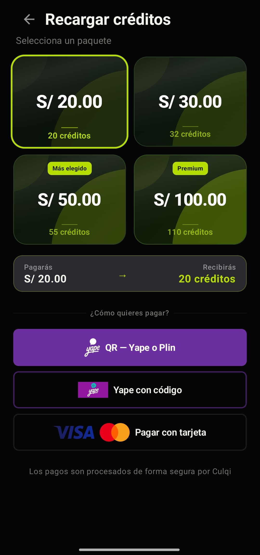 Pantalla real de recarga de créditos KORA con paquetes y medios de pago