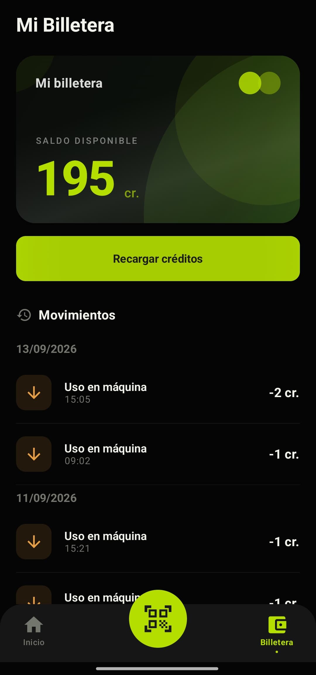 Pantalla real de la billetera KORA con saldo y movimientos
